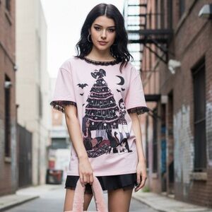 Pink Graphic T-Shirt with Lace Trim